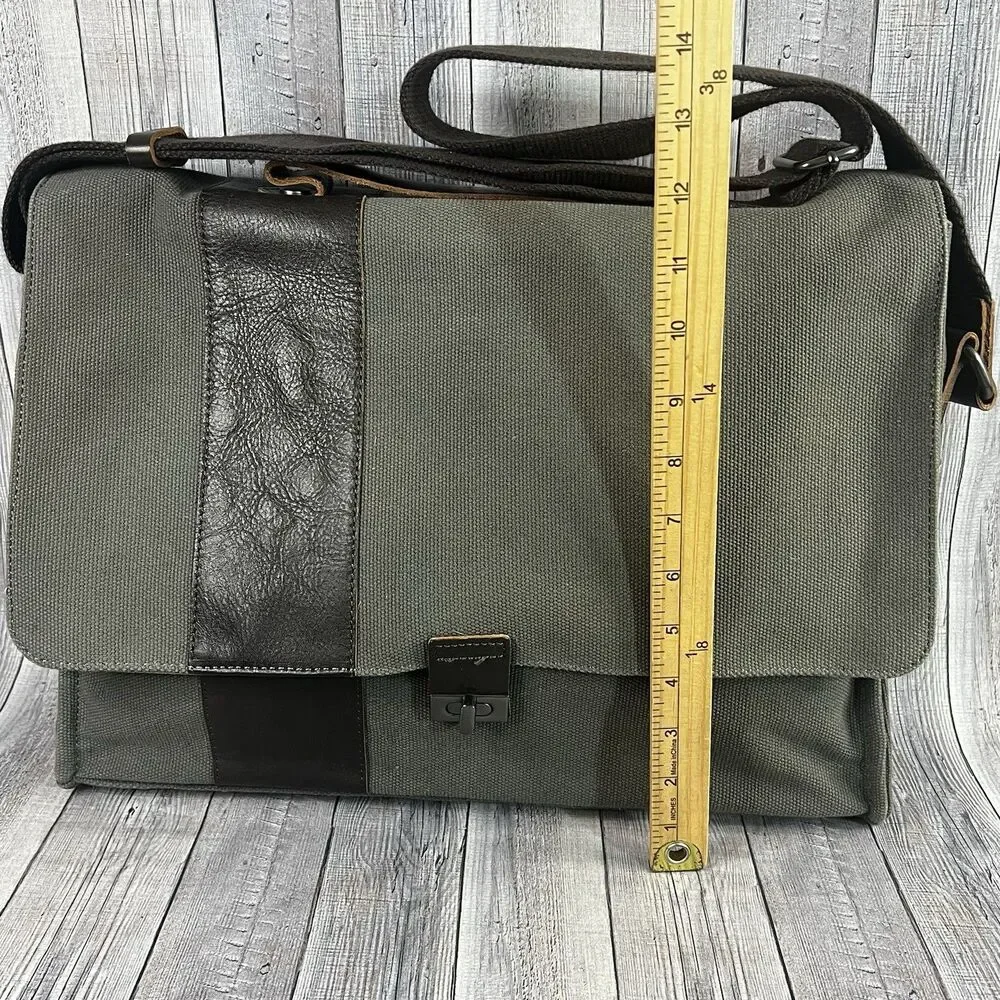 Pottery Barn Messenger Laptop Bag Bradley Leather & Canvas Taupe & Olive Bag